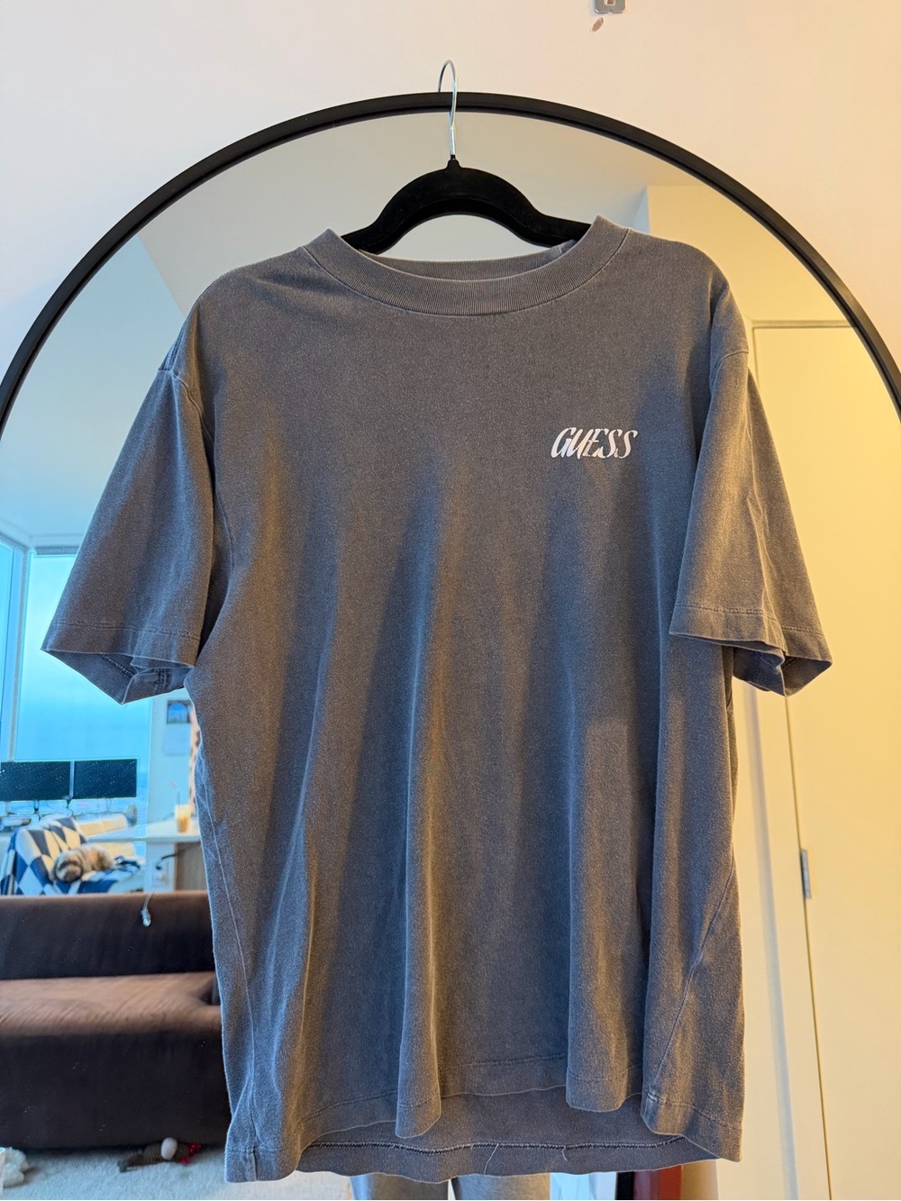 Guess Men’s Short Sleeve T‑Shirt in Charcoal Gray with White Logo